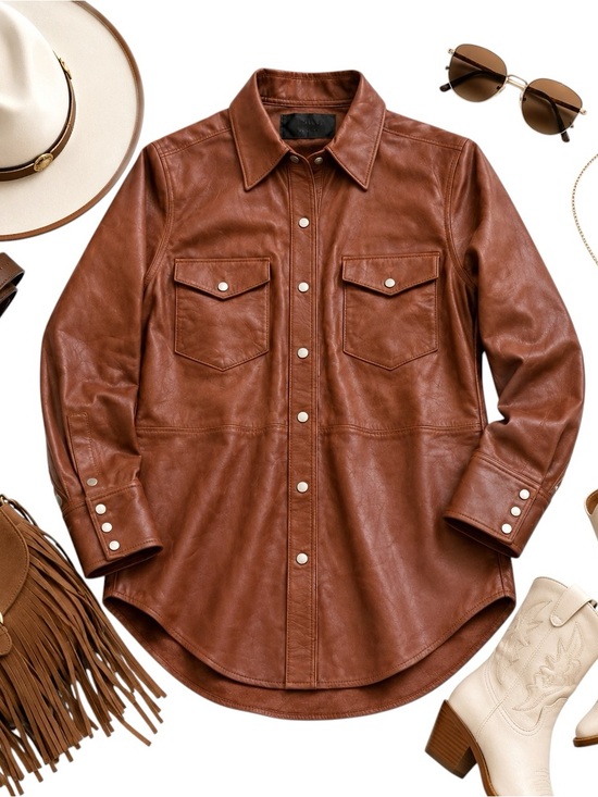 SPRWMN Tops - SPRWMN Brown Leather Snap Front Shirt Genuine Leather Small Quiet Luxury STAINED